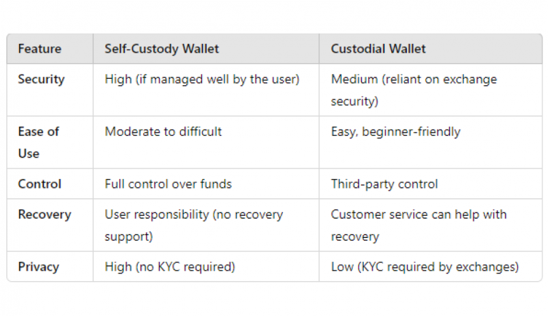 Self-Custody vs Custodial Wallets Comparison Table