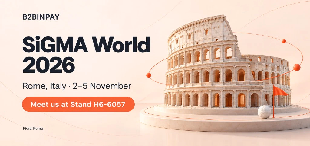 B2BINPAY SiGMA World 2026 banner: a Colosseum model on a podium with a golf ball and a red flag, Rome, 2–5 November, Stand H6-6057