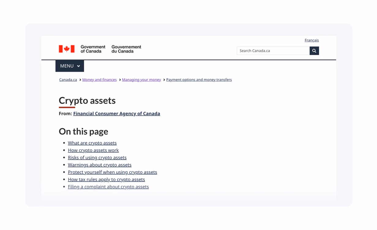 Government of Canada webpage about crypto assets