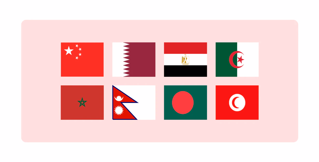 Flags of countries with strict Bitcoin bans