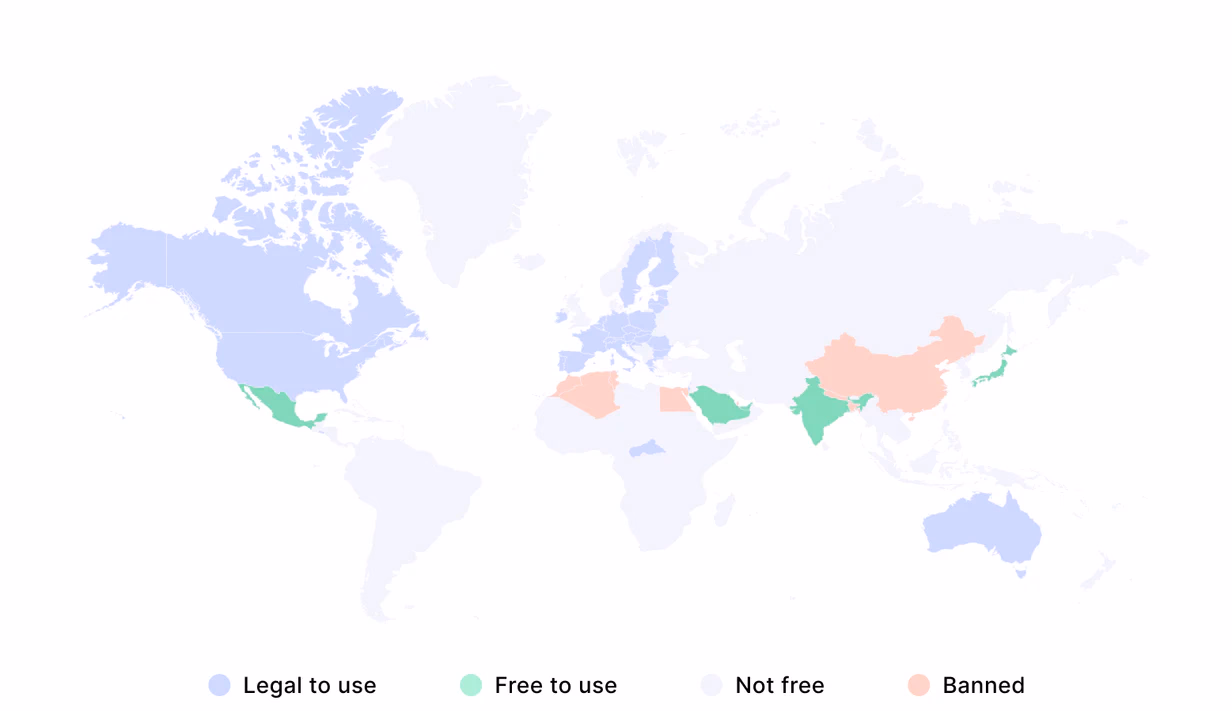 World map showing countries where Bitcoin is legal, restricted, or banned