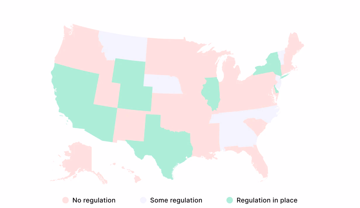 Map of US states showing where Bitcoin is legal, restricted, or unclear