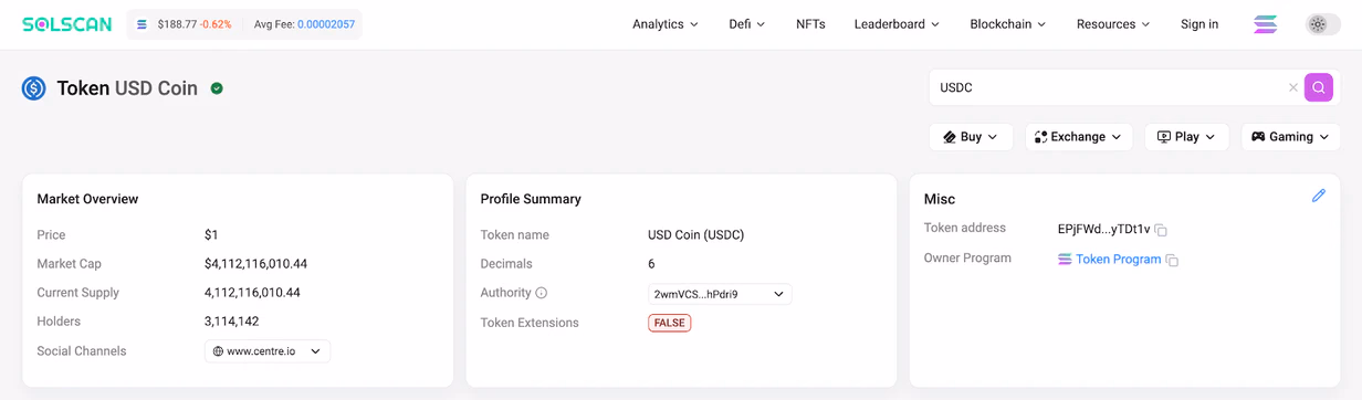 $USDC analysis in solscan